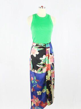ZARA Floral Patchwork Print Satin Twill Knotted Maxi Pareo Sarong Skirt, Size S